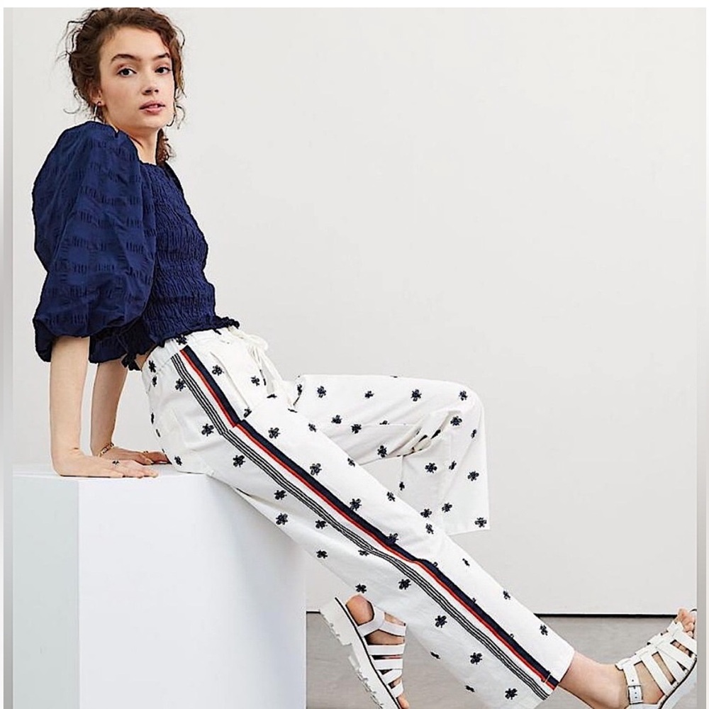 Maeve White Track-Stripe Embroidered Straight Leg Pants with Drawstring Waist